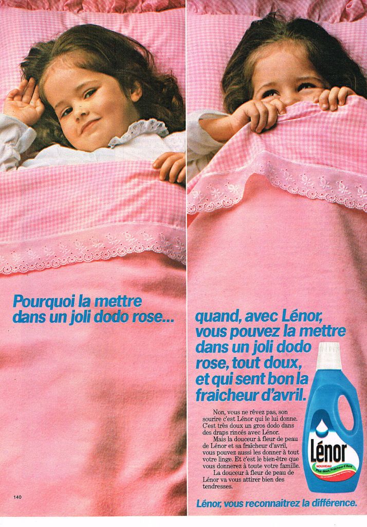 Publicité Lénor - Pourquoi la mettre dans un joli dodo rose - quand avec Lénor, vous pouvez la mettre dans un joli dodo rose tout doux, qui sent bon la fraîcheur d'avril - 1980