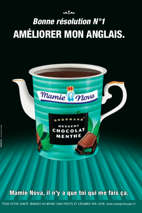 Publicité Mamie Nova - Cartes postales - Chocolat Menthe - Bonne résolution n°1 Améliorer mon anglais - Service Plan - 2016