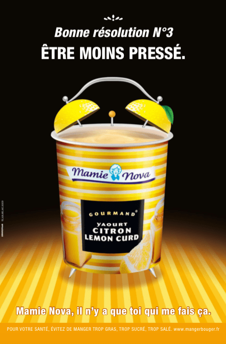 Publicité Mamie Nova - Cartes postales - Citron Lemond Curd - Bonne résolution n°3 être moins pressé - Service Plan - 2016