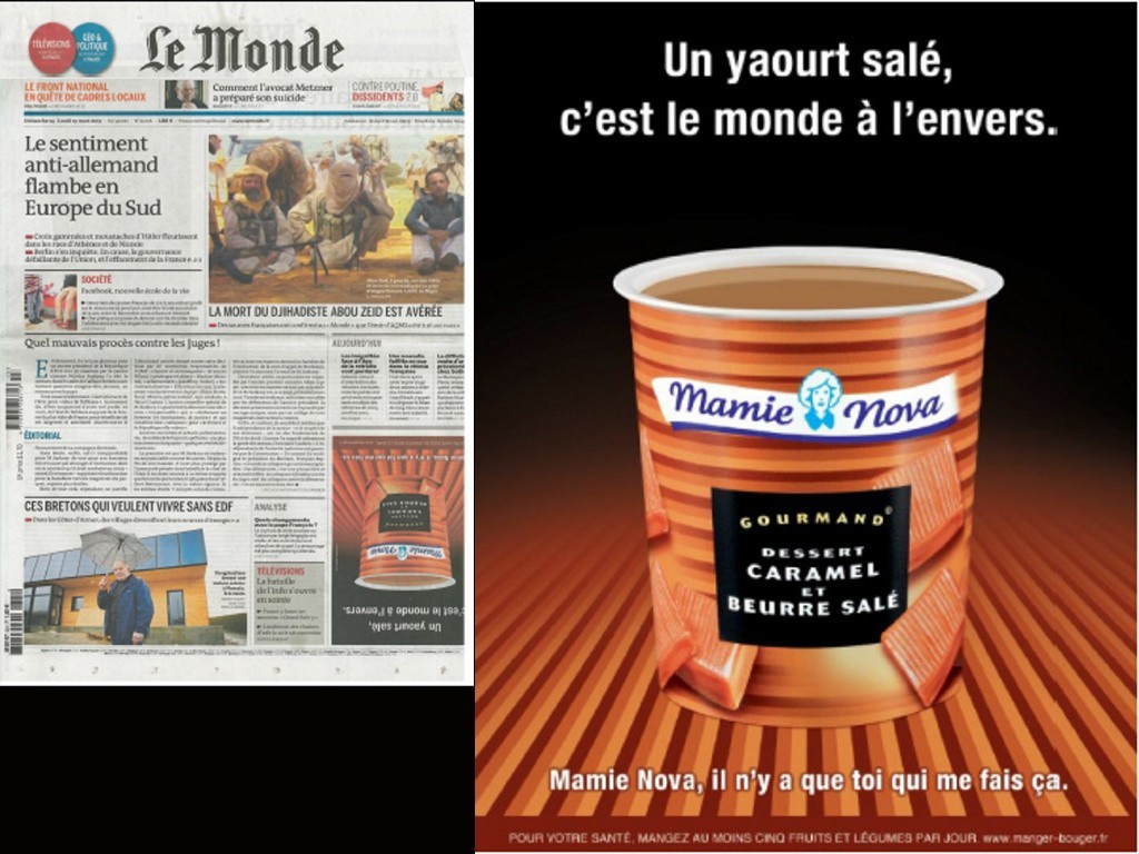 Publicité Mamie Nova - Annonces contextuelles - Le Monde - Caramel Beurre salé - Un yaourt salé, c'est le monde à l'envers - DufresneCorriganScarlett - 2012