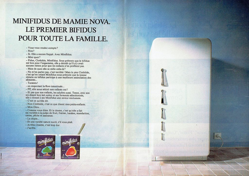Publicité Mamie Nova - Minifidua, le premier Bifidus de toute la famille - Agence CLM/BBDO - 1989
