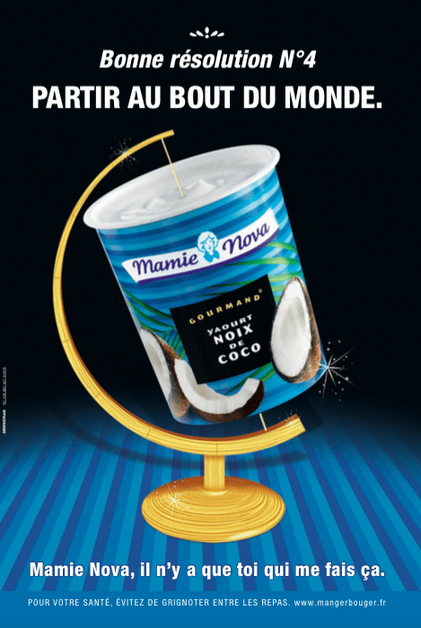 Publicité Mamie Nova - Cartes postales - Noix de coco - Bonne résolution n°4 Partir au bout du monde - Service Plan - 2016