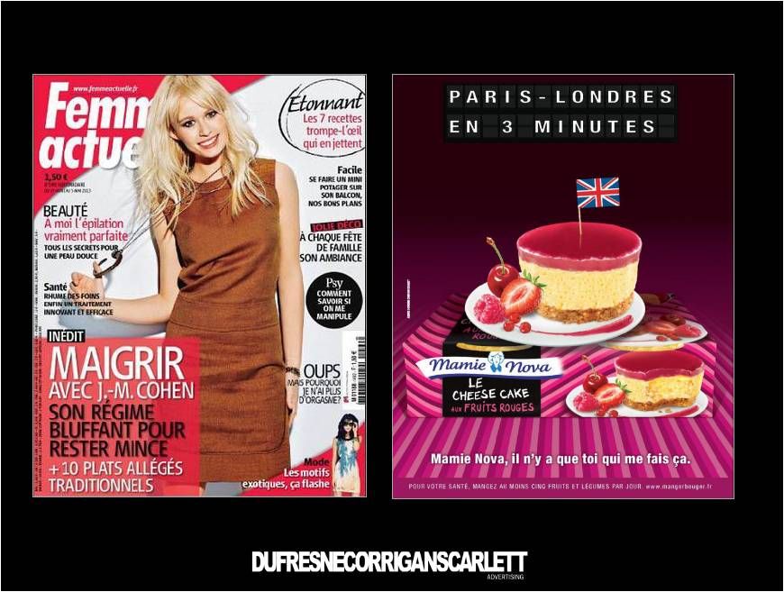 Publicité Mamie Nova - Annonces contextuelles - Femme Actuelle - Cheese cake aux fruits rouges - Paris-Londres en 3 minutes - DufresneCorriganScarlett - 2012