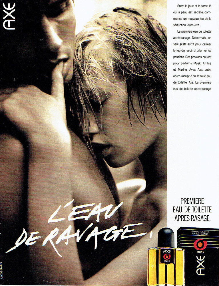 Publicité Axe - L'eau de ravage - Première eau de toilette après rasage - Agence Lintas Paris - Couple s'enlaçant - Flacon jaune et rouge