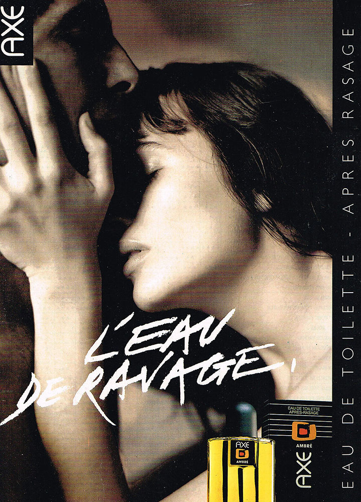 Publicité Axe - L'eau de ravage - Première eau de toilette après rasage - Agence Lintas Paris - Couple s'enlaçant - Flacon jaune et rouge