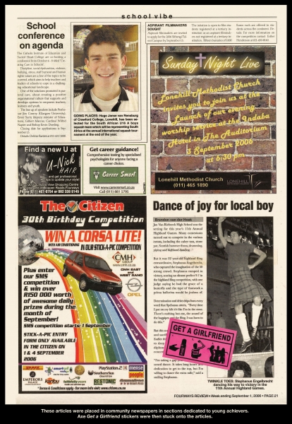Publicité Axe - Get a girlfriend - Agence Lowe&Bull - Afrique du sud - 2006 - Article presse quotidienne - Jeune dansant en kilt