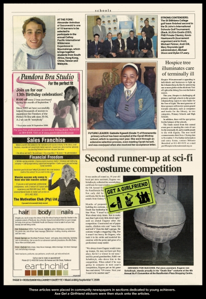 Publicité Axe - Get a girlfriend - Agence Lowe&Bull - Afrique du sud - 2006 - Article presse quotidienne - Jeune déguisé en Etoile de la mort