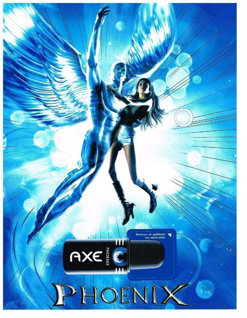Publicité Axe - Axe Phoenix - Image entière - Ange dans le ciel avec une jeune femme dans ses bras - Échantillon de déodorant - France - 2005