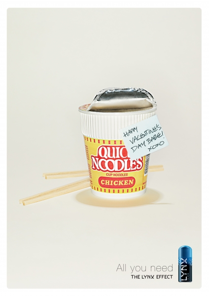 Publicité Axe - St Valentin - All you need - Agence BBH Asia Pacific - 2007 - Bol de nouilles - Happy Valentine's Day, Babe - xoxo