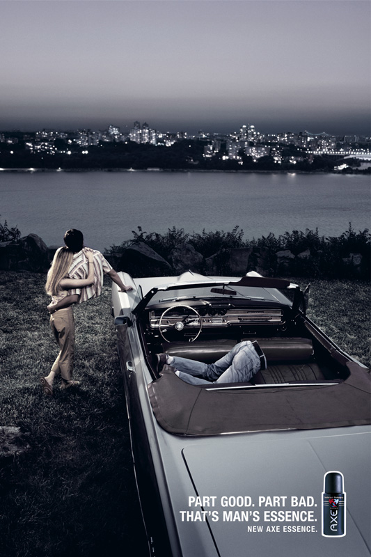 Publicité Axe - Nouveau Axe essence - Part good. Part Bad. That's man's essence - 2004 - BBH New-York - Homme partagé devant un beau paysage