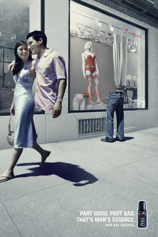 Publicité Axe - Nouveau Axe essence - Part good. Part Bad. That's man's essence - 2004 - BBH New-York - Homme partagé devant une vitrine