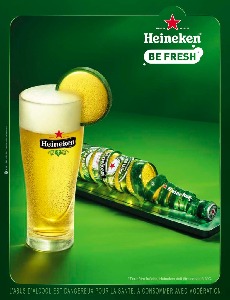 publicité Heineken - Be Fresh - Agence Publicis - 2011 - La nouvelle bouteille coupée en tranches - Verre - Rondelle de bouteille