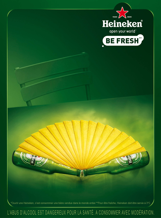 publicité Heineken - Be Fresh - Agence Publicis - 2011 - Eventail - Bouteilles