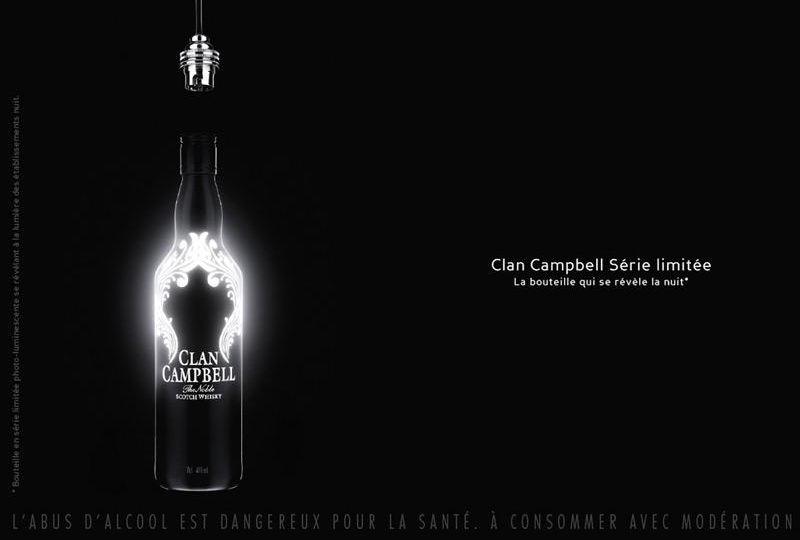 Publicité Clan Campbell — Série limitée — Bouteille photo-Luminescente — Noir et blanc - 2007