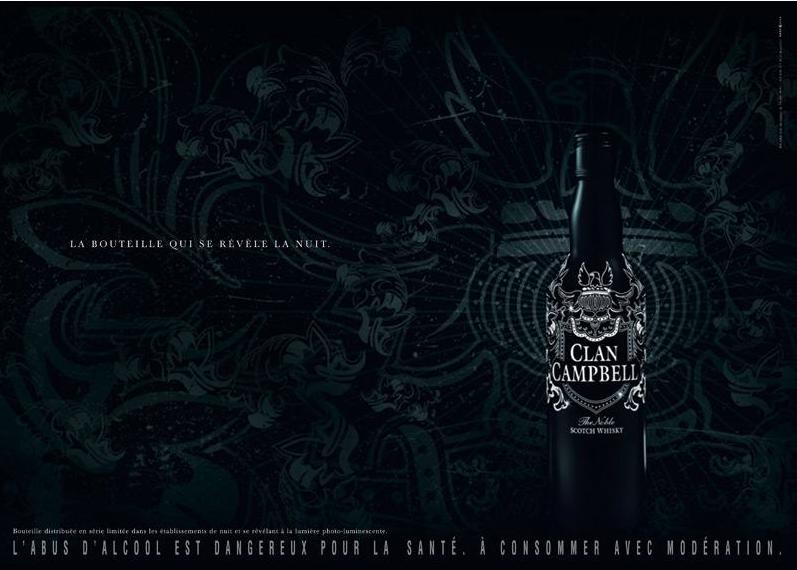 Publicité Clan Campbell — Série limitée — Bouteille photo-Luminescente — Noir et blanc - 2007