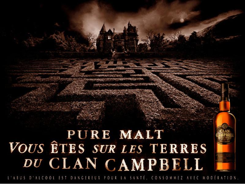 Publicité Clan Campbell - Pure Malt - Vous êtes sur les terres du Clan Campbell - Manoir - Labyrinthe - Effet sépia - Agence BDDP