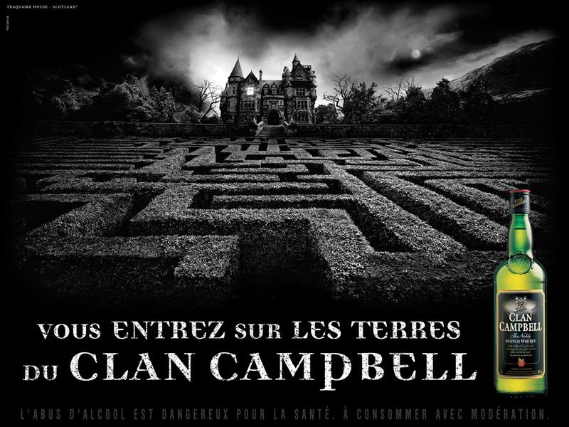 Publicité Clan Campbell - Vous entrez sur les terres du Clan Campbell - Manoir - Labyrinthe - Agence BDDP&fils 