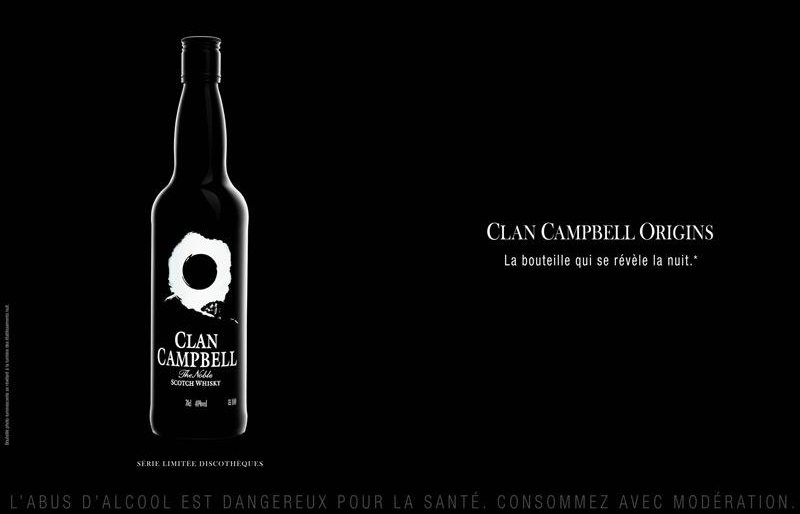 Publicité Clan Campbell — Série limitée — Clan Campbell Origins - Bouteille photo-Luminescente — Noir et blanc - 2004