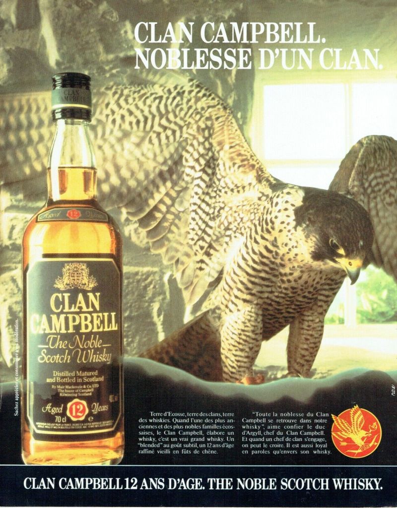 Publicité Clan Campbell - The Noble Scotch Whisky -  Faucon et main de fauconnier - Agence New / RobertandPartners - 1985