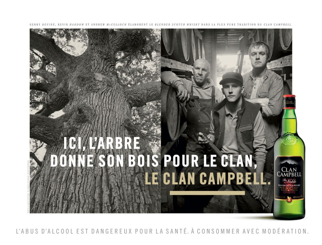 Publicité Clan Campbell - Ici l'arbre donne son bois pour le clan, le clan Campbell - Arbre - 3 hommes dans une cave - format horizontal - Agence Jésus - 2013