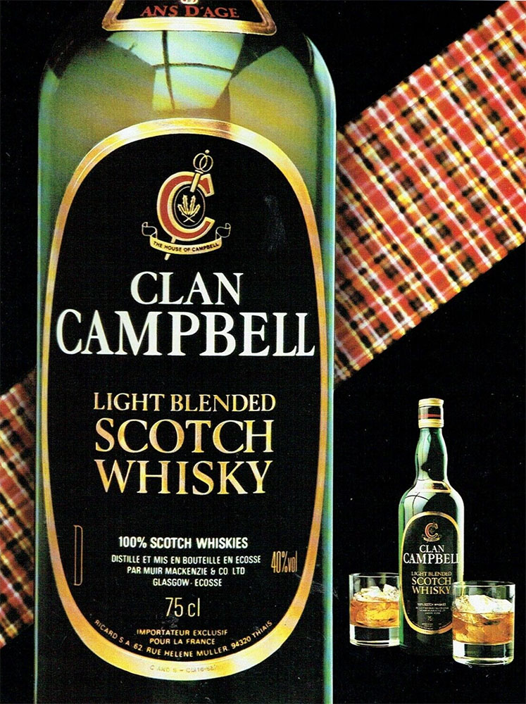 Publicité Clan Campbell —  Bouteille whisky en grand - Bande de tissu écossais - 1981