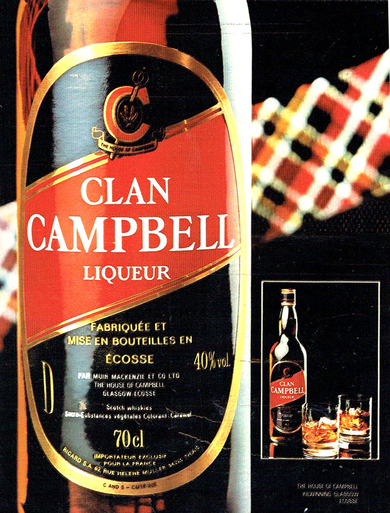 Publicité Clan Campbell —  Bouteille liqueur en grand — Bande de tissu écossais - 1981