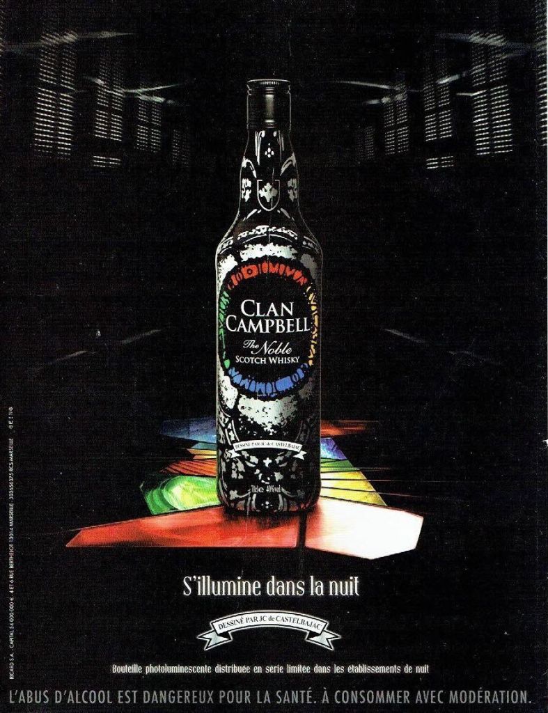 Publicité Clan Campbell — Série limitée — Bouteille photo-Luminescente — Castelbajac - Couleurs - 2010