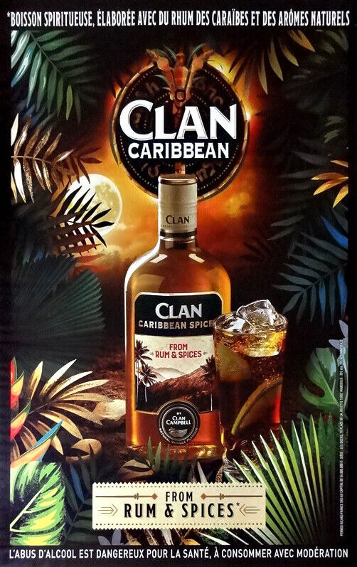 Publicité Clan Campbell — Clan Caribbean Spiced - Bouteille — Verre avec glaçon — Feuilles exotiques — Agence Jésus Gabriel - 2020