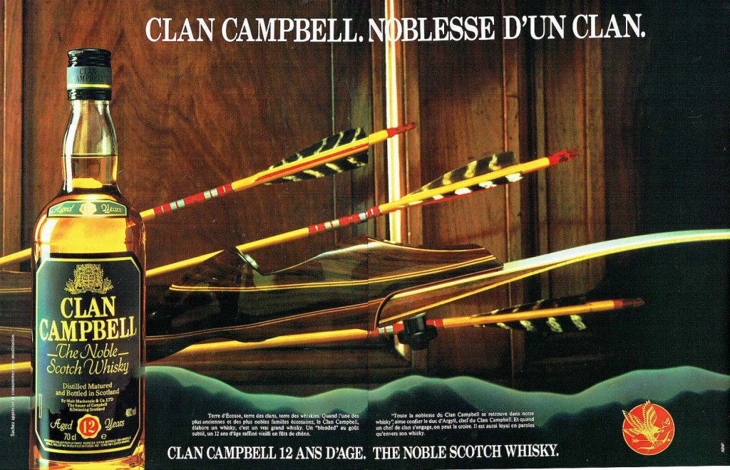 Publicité Clan Campbell — Noblesse d'un clan — Bouteille whisky en grand — Arc et ses flèches - 1985 - Double page