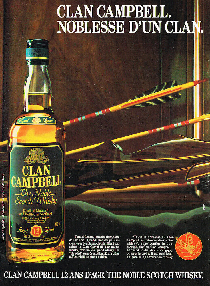 Publicité Clan Campbell — Noblesse d'un clan — Bouteille whisky en grand — Arc et ses flèches - 1985