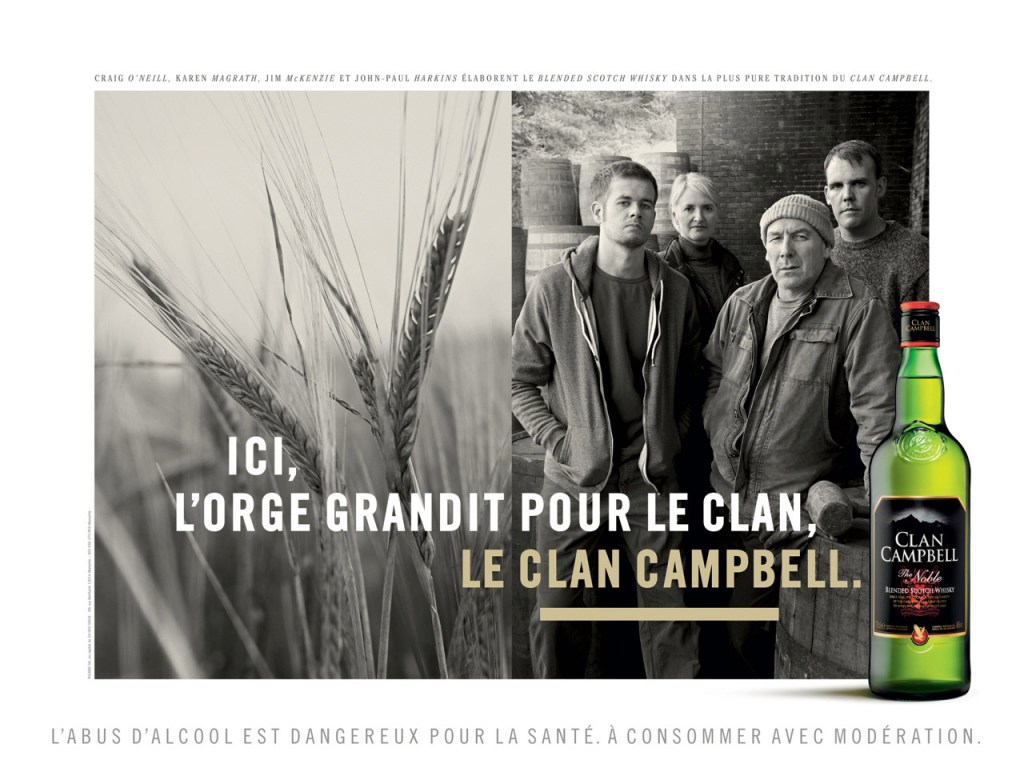 Publicité Clan Campbell - Ici, l'orge grandit pour le clan, le clan Campbell - Orge - 3 hommes et une femme - format horizontal - Agence Jésus - 2013