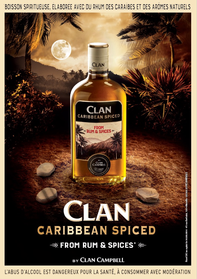 Publicité Clan Campbell — Clan Caribbean Spiced - Bouteille sur sable — Runes — Agence Jésus Gabriel - 2020