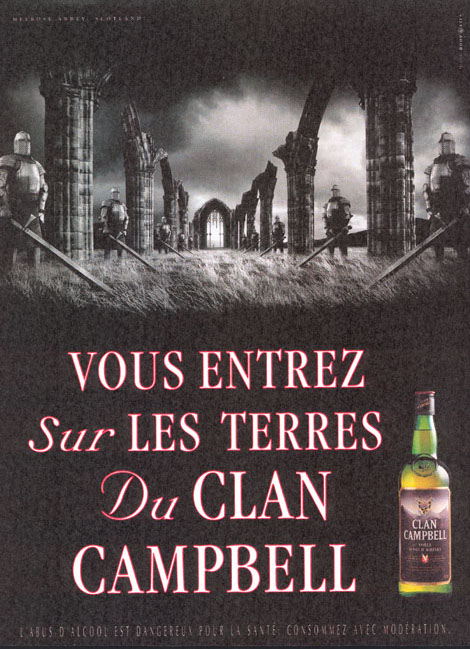 Publicité Clan Campbell - Vous entrez sur les terres du Clan Campbell - Armures - Eglise en ruines - Agence BDDP&fils - 1998