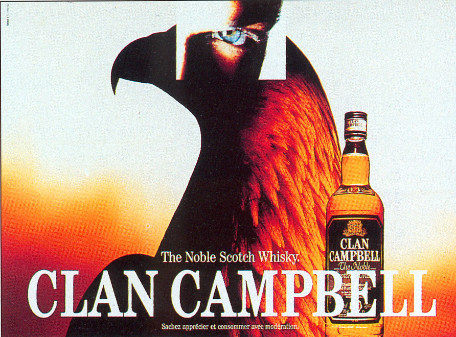Publicité Clan Campbell - The Noble Scotch Whisky - Oeil humain - Profil de faucon - Agence TBWA - 1990 - Version 4x3m