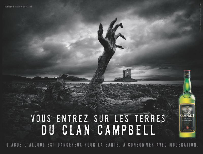 Publicité Clan Campbell - Vous entrez sur les terres du Clan Campbell - Arbre mort en forme de main inquiétante - Château - Agence BDDP&fils - 2006