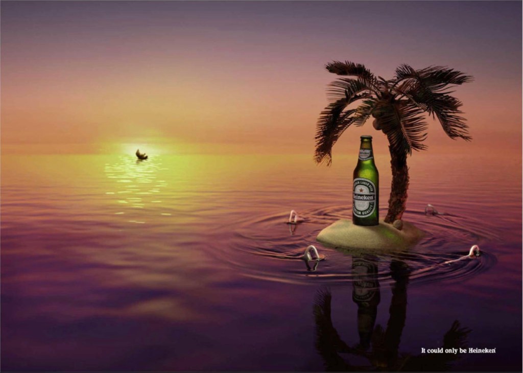 Publicité Heineken - It could only be Heineken - Décapsuleurs - Agence Bates 141 - Singapour - 2001 - île déserte - requins
