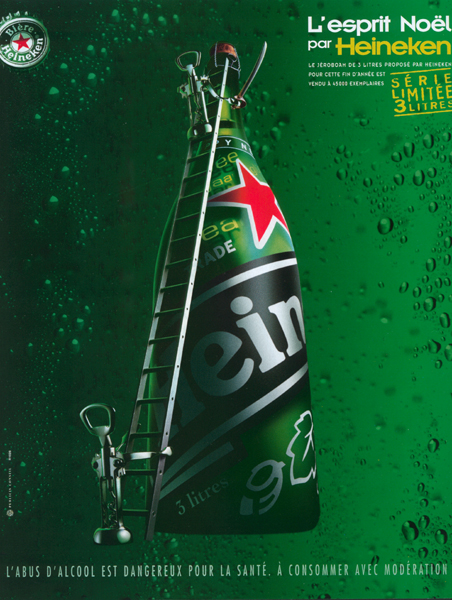 Publicité Heineken - L'esprit bière par Heineken - Agence Publicis - 1999 - Décapsuleur - Échelle - Bouteille géante - Série limitée 3 litres