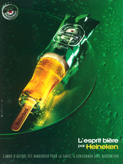 Publicité Heineken - L'esprit bière par Heineken - Agence Publicis - 1999 - Verre - bâtonnet de glace avec emballage