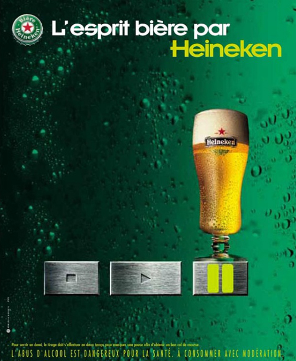 Publicité Heineken - L'esprit bière par Heineken - Agence Publicis - 1999 - Verre - bouton en mode pause