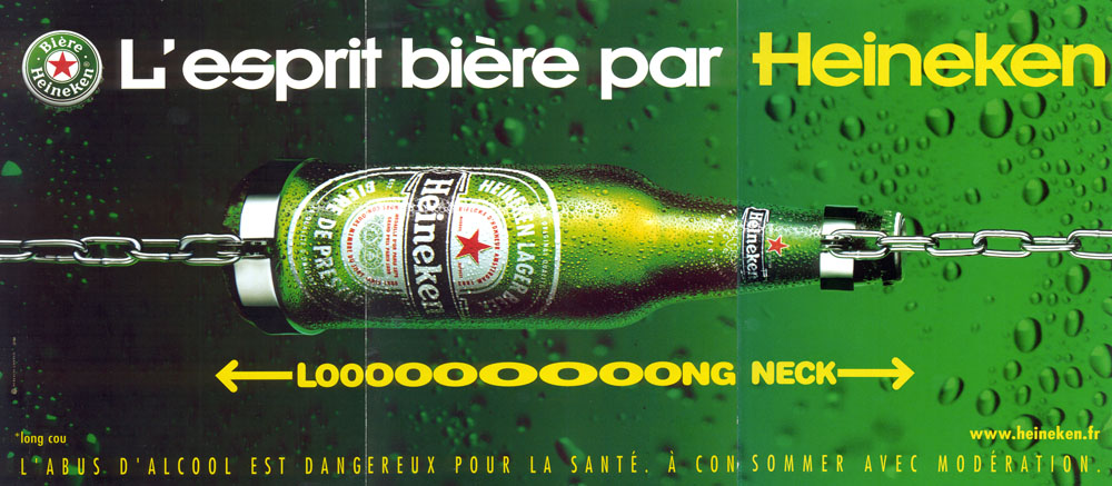 Publicité Heineken - L'esprit bière par Heineken - Agence Publicis - 1999 - Triptyque sur 3 pages - Loooooooong neck