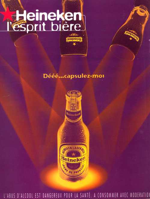Publicité Heineken - L'esprit bière - Effet solarisation - Agence Publicis Conseil - 1996 - Dééé....caapsulez-moi - Verres projecteurs sur bouteille