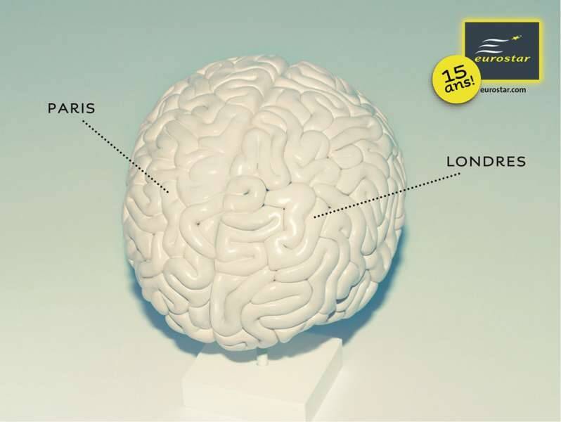 Publicité Eurostar - 15 ans —  Agence Leg - 2009 - Cerveau blanc avec Paris (hémisphère gauche) et Londres (hémisphère droit)
