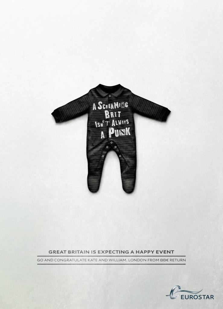 Publicité Eurostar - Naissance du bébé royal - Great Britain is expecting a happy event - Pyjama de bébé - A screaming Brit isn't always a punk - CLM/BBDO - 2013