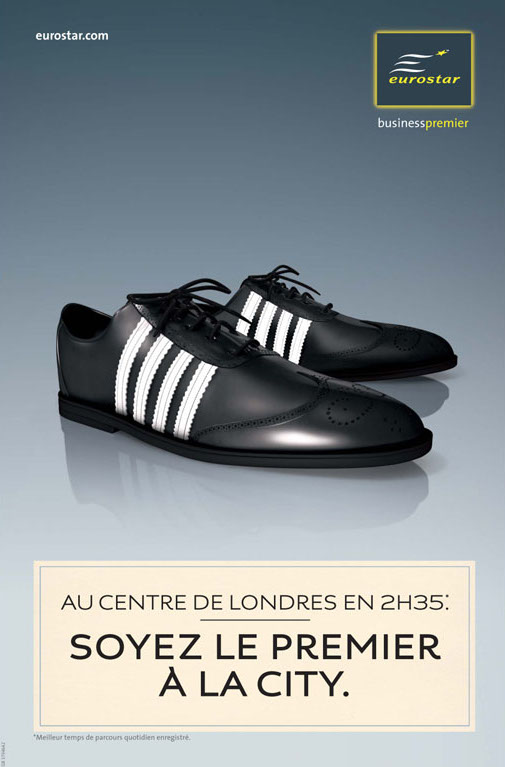 Publicité Eurostar - Business Premier — Agence Leg - 2007 - Au centre de Londres en 2h35 - Soyez le premier à la City - Mix de chaussures de foot et de ville