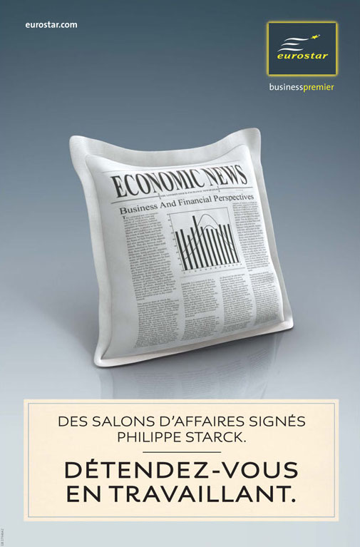 Publicité Eurostar - Business Premier — Agence Leg - 2007 - Des salons d'affaires signés Philippe Starck - Détendez-vous en travaillant — Coussin avec article économique