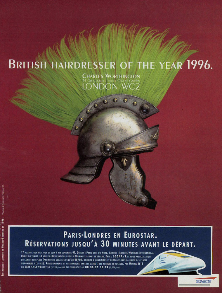 Publicité Eurostar - Agence Young&Rubicam - 1997-98 - British Hirdresser of the Year 1996 — Casque Romain avec une crête verte