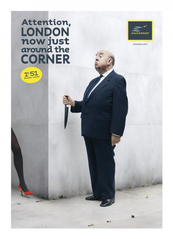 Publicité Eurostar - Attention Londres est juste au coin de la rue - Agence TBWA Bruxelles - 2009 - Alfred Hitchcock avec un couteau