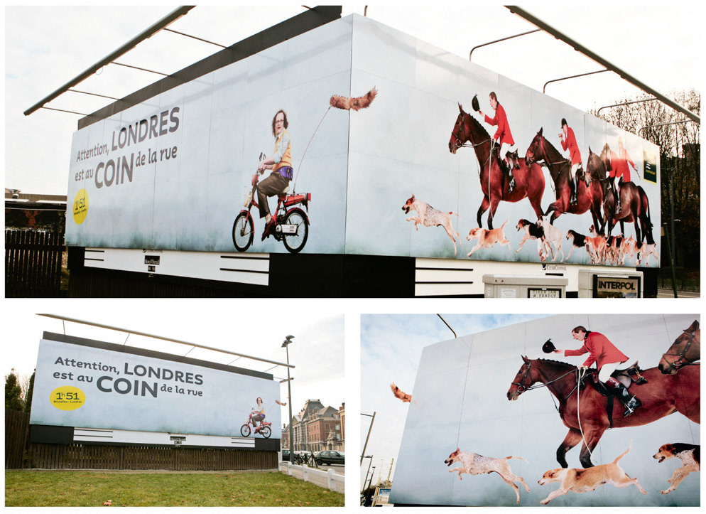 Publicité Eurostar - Attention Londres est juste au coin de la rue - Agence TBWA Bruxelles - 2009 - Vélo avec une queue de renard poursuivi par une chasse à courre