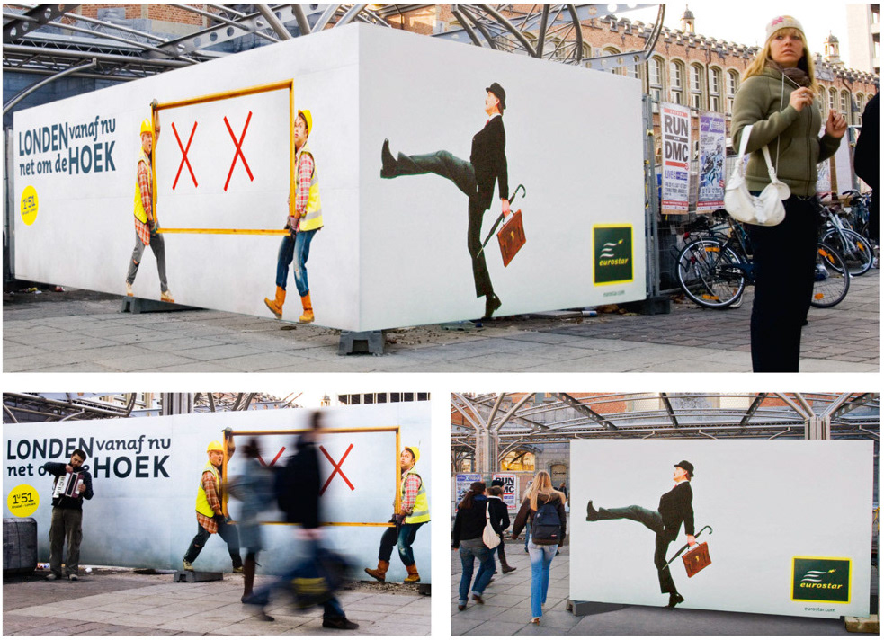 Publicité Eurostar - Attention Londres est juste au coin de la rue - Agence TBWA Bruxelles - 2009 - 2 hommes transportent un cadre