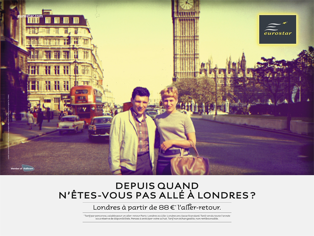 Publicité Eurostar - Depuis quand n'êtes-vous pas allé à Londres ? — Londres à partir de 88 € l'aller-retour Agence Leg - 2010 - Un couple pose devant Big Ben